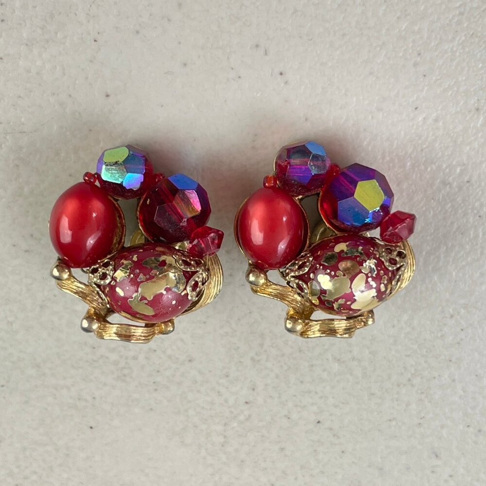 Vintage Earrings 1960s Judy Lee Colorful Clip Earrings Red Gold Statement Signed